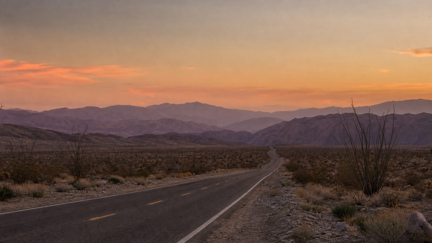Desert highway through Anza-Borrego at dusk