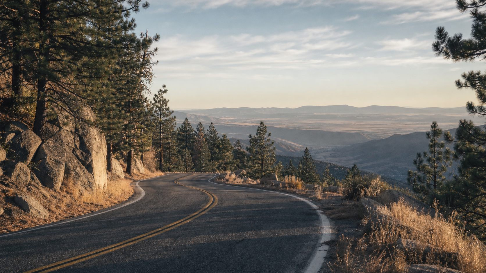 Winding mountain road through Mount Laguna at golden hour