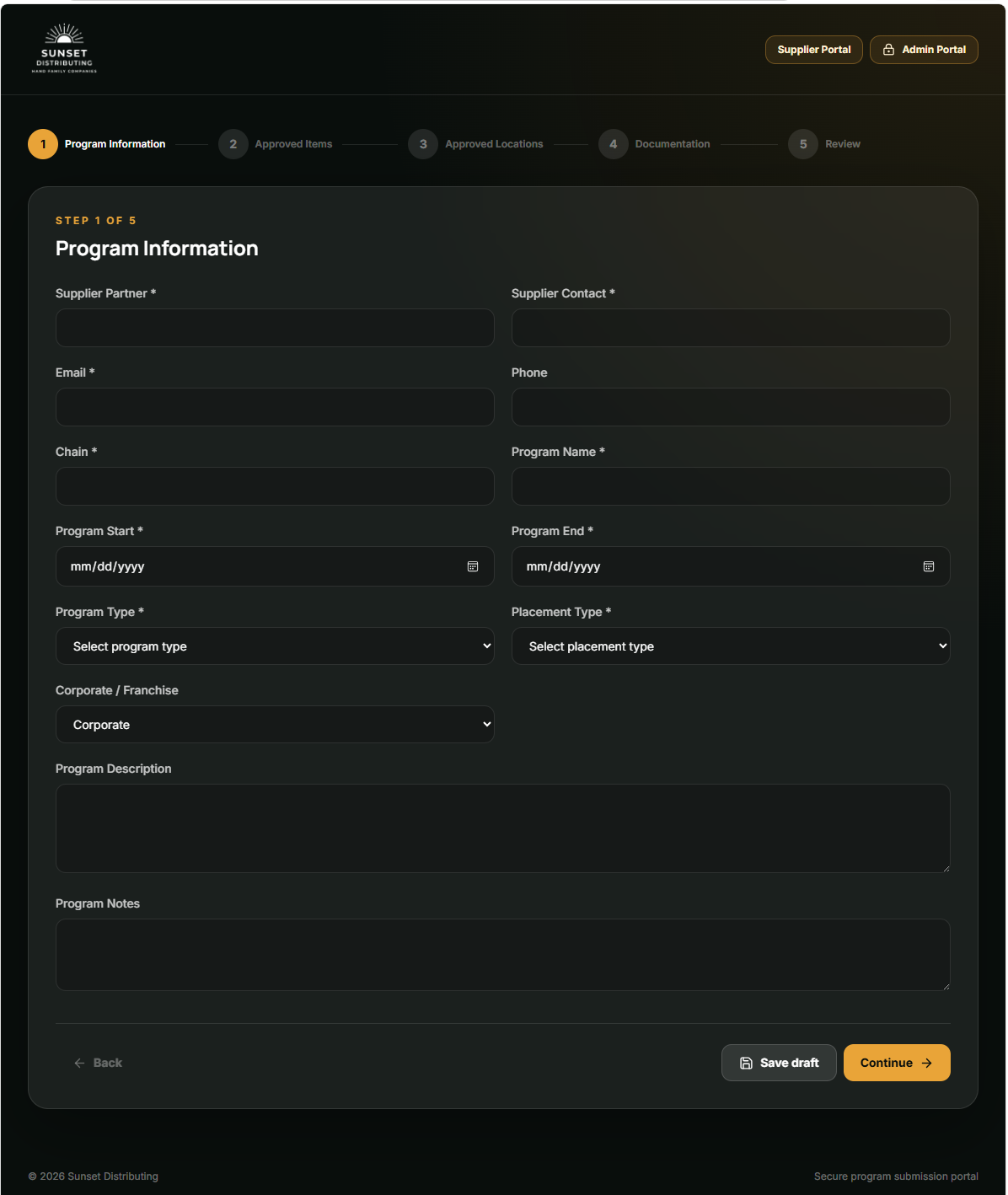 Supplier submission form for program information