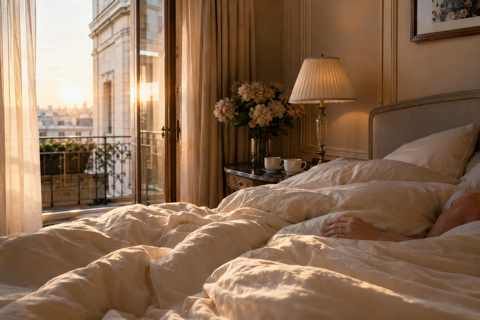 Warm morning light across a quiet hotel room