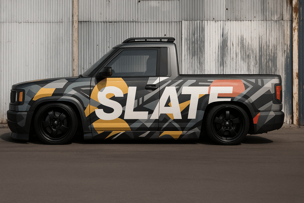 SlateRides graphic wrap and lowered mini-truck concept in an industrial setting